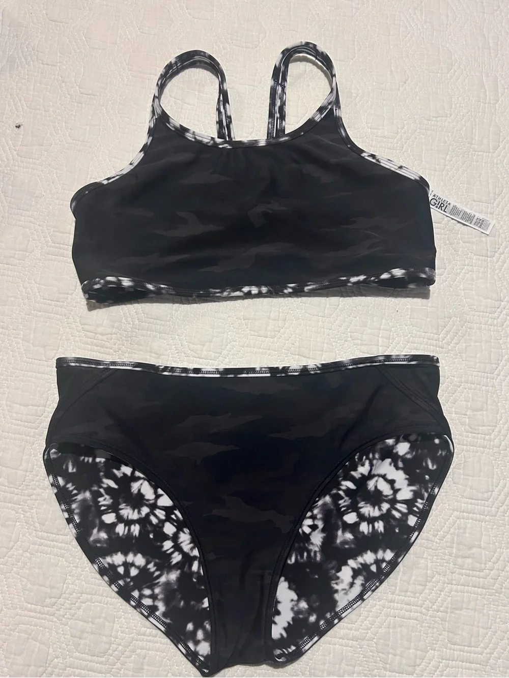 Athleta Girl Reversible Black/White Tie-Dye/Camouflage Bikini Set Size XXL (16)
